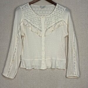 American Eagle Eyelet Lace Swiss Dot Button Front Blouse Cream Boho Top Large